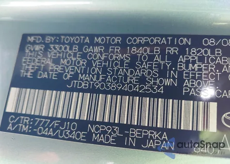 2009 Toyota Yaris z USA, uszkodzony, nr VIN JTDBT903894042534